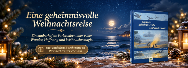 „Nanaels geheimnisvolle Weihnachtsreise“ von Sandra Fariba vor einem festlich-magischen, dunkelblauen Weihnachts-Hintergrund mit goldenem Sternenglanz.