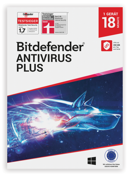 Bitdefender Antivirus Plus – 1 Gerät mit 18 Monaten (Code per E-Mail)